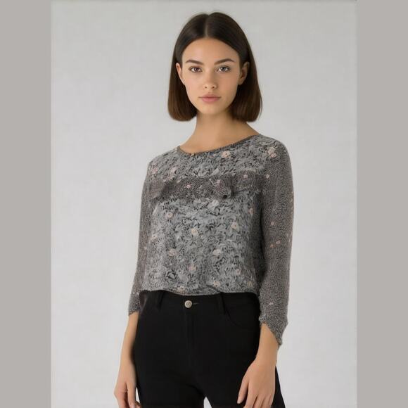 LOFT Blue Floral Contrasting Pattern Long Sleeve Ruffle Blouse Top M - Picture 1 of 13